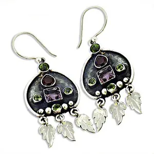 Pendientes Colgantes Geométricos Tibetanos Vintage de Plata 925 con Amatista y Piedras Verdes, Diseño de Hoja, Religiosos, para Mujer, Joyería de Fiesta - Product Image 1