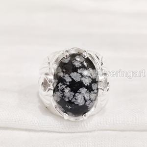 ขายส่งบุรุษแหวนมาใหม่เกล็ดหิมะธรรมชาติObsidianอัญมณีการออกแบบภาษาอาหรับFineงานแต่งงานเครื่องประดับแหวนเงิน 925 - Product Image 4