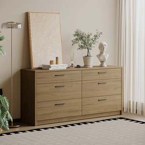 Minimalist <b>6</b>-<b>Drawer</b> Oak Dresser Solid Wood Storage Chest Bedroom Cabinet Freestanding Design - Product Image 4