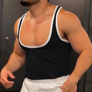 Gilet de sport d'été pour hommes Patchwork Color Deep U-Shaped Sleeveless Tank Tops Collar Wide Straps Loose Fit Casual Versatile Men Vest - Product Image 4