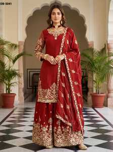 Trajes Sharara Bordados Estilo Indio y Pakistaní, Traje Salwar Kameez de Seda Chinon con Bordado, Lentejuelas y Trabajo Zari - Product Image 5