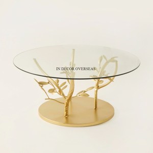 High In Demand Best Quality Clear <b>Glass</b> Mirror Round Shape <b>Cake</b> <b>Stand</b> With Gold Plated Metal Leaves Designer Base In Low Price - Product Image 1