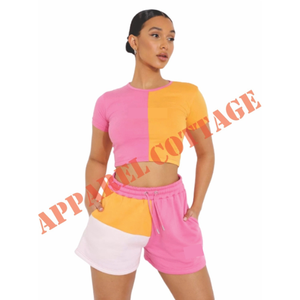 100% coton broderie personnalisée femmes mode blocage de couleur Patchwork haut et short deux pièces ensemble course à pied vêtements d'extérieur Dropshipping - Product Image 1