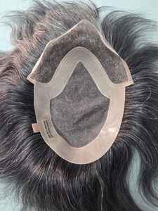 Taz Hair BD Fusion Perruque toupet en cheveux humains Remy à trame nouée à la main, base en dentelle frontale, couleur mixte 1B, patchs capillaires gris, prothèse capillaire - Product Image 2