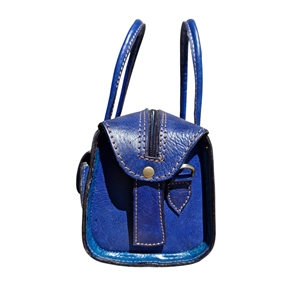 <b>Blue</b> Genuine Leather Fashionable Boston Large Capacity Women's Moroccan Handbag Shoulder <b>Tote</b> Button Zipper Closure Two Handles - Product Image 3