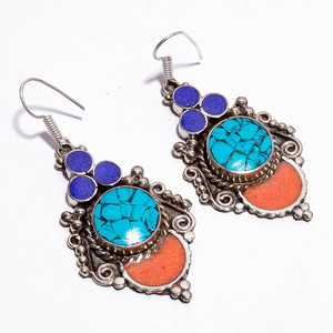 Boucles d'oreilles antiques en argent sterling 925 avec turquoise naturelle, motif de croix religieuse classique, bijoux plaqués or et argent - Product Image 3