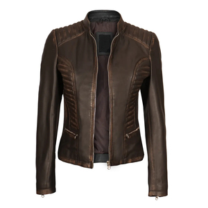 Women's <b>Genuine</b> Sheepskin Leather Winter Jacket Washed Technique with Cotton-Filled Windproof Zipper Raw Processing - Product Image 2