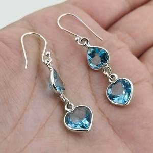 Pendientes Colgantes Hechos a Mano con Forma de Doble Corazón de Topacio Azul, Piedra Preciosa Natural, Plata de Ley, para Aniversario, Cumpleaños, Pendientes Finos - Product Image 3