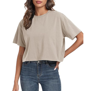 Camisetas recortadas de entrenamiento de gran tamaño, camisetas de punto sólido teñidas con hilo para mujer de talla grande, camisetas informales de manga corta con cuello redondo para mujer - Product Image 6