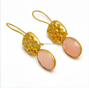 Piedra preciosa de Calcedonia rosa, Plata de Ley 925 sólida, pendiente chapado en oro Vintage, fiesta romántica, aniversario de boda, compromiso - Product Image 6