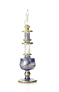 Hand Blown Purple Glass Perfume <b>Bottle</b> With Gold Accents Flower Theme Decorative Decanter 12cm Mantel Centerpiece - Product Image 1