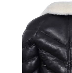 Doudoune en cuir style blouson aviateur en cuir vintage-Veste en cuir matelassé en peau de mouton noir véritable - Product Image 3