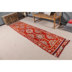 Vintage Turkish Rug, 2.5x10.2 ft Herki Rug, <b>Red</b> <b>Runner</b> Floral Rug - Product Image 1