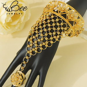 Anti Tarnish <b>Arabic</b> 24K Gold Plated Wedding Bracelet Jewelry Fashion Hollow Hand Chain Bracelet with <b>Ring</b> For Women - Product Image 2
