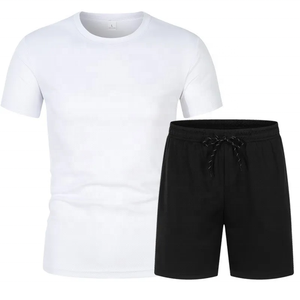 Conjunto de Camiseta y Pantalones Cortos Negros para Hombre, Cuello Redondo, Tejido Informal, Color Sólido, Ropa de Verano Transpirable de Algodón - Product Image 2