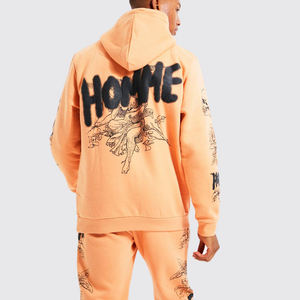 ชุดวอร์มสองชิ้นแบบสวมหัวสำหรับผู้ชายชุดวอร์มแบบสวมหัวพิมพ์โลโก้พัฟแบบเรียงซ้อนกางเกงทรงบานมีฮู้ดชุดวอร์มขายดี - Product Image 3