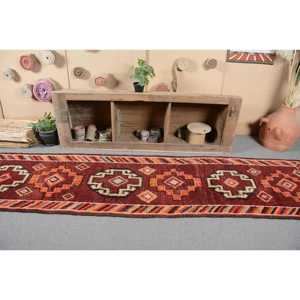 Turkish Vintage Rug, 2.7x11.4 ft Herki Rug, <b>Red</b> Orange Camouflage <b>Wool</b> Rug - Product Image 4