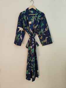 Kimono Largo de Verano para Mujer, Azul Marino, Estampado Floral, Manga Corta, Cuello en V, 100% Algodón, Marca Clásica de Arte y Artesanía - Product Image 5