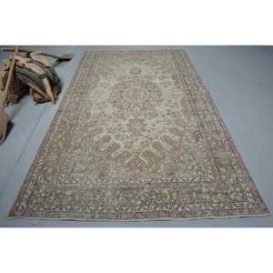 5.7x9.9 ft Vintage <b>Wool</b> Rug Turkish Large Rug Eco-Friendly Patchwork Latex Backing Green <b>Brown</b> Southwestern Rug - Product Image 1