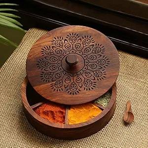 กล่องไม้ Masala สวยงามพร้อมฝาแกะสลักสำหรับห้องครัวแบบดั้งเดิมกล่องเครื่องเทศไม้ขนาดกะทัดรัด - Product Image 5