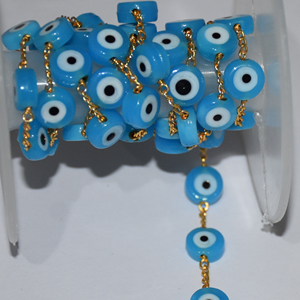 Chaîne de chapelet en perles œil de turquoise, fil plaqué or, faite à la main, pour la fabrication de bijoux - Product Image 1
