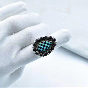 Handmade Black Onyx Mojave Turquoise Sterling <b>Silver</b> Bezel Setting Checkered Adjustable <b>Statement</b> <b>Ring</b> for Women Wedding Party - Product Image 1