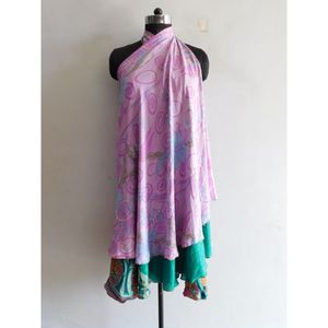 Boho Hippie Style 2-Layer Silk Sari <b>Skirt</b> Vintage <b>Reversible</b> Magic Wrap Hand Block Floral Printed Belt Breathable Casual Belly - Product Image 4