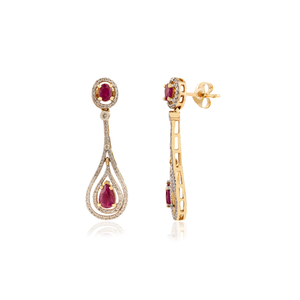 Statement Teardrop Dangle Earrings Featuring In <b>Ruby</b> & Diamond 18K Solid Yellow Gold Trending New Design Birthstone Jewelry - Product Image 3