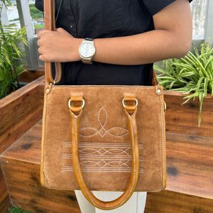 Genuine Tan Suede Leather <b>Concealed</b> Carry Women Luxury Mini Tote Bag Western Boot Stitch Crossbody Purse Cowhide Leather Handbag - Product Image 3