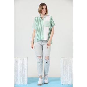 Topshow Emerald Striped <b>Linen</b> Blend Button-Down Shirt for Women - Casual Long Sleeve Blouse with Classic Collar - Product Image 4