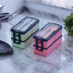 กล่องข้าวพลาสติก 2 ชั้น รูปทรงสี่เหลี่ยมผืนผ้า สำหรับสั่งซื้อจำนวนมาก ใช้กับไมโครเวฟได้ ป้องกันการรั่วซึม ความจุขนาดใหญ่ กล่องเบนโตะสำหรับเก็บอาหาร - Product Image 1