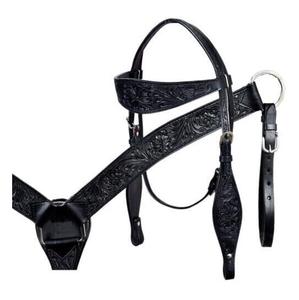 Venta caliente Premium Black Floral Tooling Western Horse Riding Headstall Breastplate Set Cuero tallado a mano Fabricante directo - Product Image 1