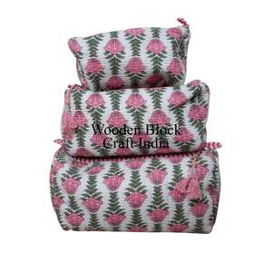 Vintage High Quality Floral Print Makeup Bag <b>Set</b> Floral Printed Cotton Quilted 3Pouch <b>Set</b> Stylish Cosmetic & <b>Travel</b> Organization - Product Image 1