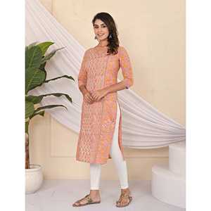 Robe longue décontractée en coton imprimé orange Jaal Kurti, design personnalisé, respirante, taille XS, idéale pour les occasions en club, au quotidien ou à la maison - Product Image 4