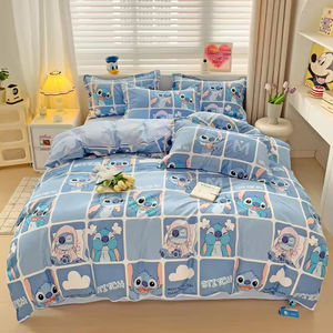 Juego de cama cómodo y encantador de 2m con estampado Floral de dibujos animados, Sábana plana de algodón lavado de 4 piezas, 2 fundas de almohada para niños para hoteles - Product Image 6