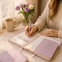 Diario de Oración LABON Lavender con Cubierta de PU Suave con Cruz Plateada en Relieve y Cinta de Encaje, Elegante Libro Devocional para Cristianos