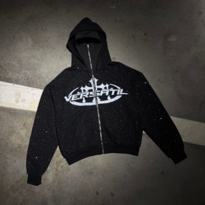 Streetwear personnalisé Dtg impression Vintage français éponge strass poids lourd fermeture éclair hommes double couche à capuche - Product Image 1