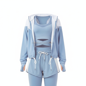 Conjunto de Yoga de 3 Piezas Personalizado para Mujer, Chaqueta Cortavientos con Capucha, Sujetador Deportivo Cruzado y Pantalones Cortos 2 en 1 para Correr, Ropa Deportiva para Gimnasio - Product Image 1