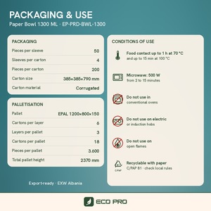 Bol en papier blanc à paroi simple de 1300 ml, conteneur alimentaire en kraft, gobelet jetable, impression flexographique, salade, fruits, soupe, poke - Product Image 6