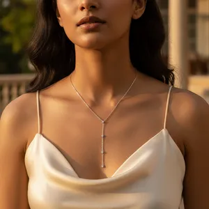 Collar Delicado de Oro de 14K para Mujer, Moderno Collar en Y de Plata, Clásico Diseño Religioso con Bola y Diamantes de Imitación para Boda - Product Image 3