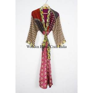 High Quality Elegant Floral Patchwork Silk Blend Kimono Robe Satin <b>Lounge</b> Wear Spring Summer Nightwear Gown Drawstring Closure - Product Image 6