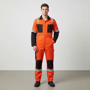 Combinaison de travail ignifuge en polyester orange fluorescent sur mesure avec bandes réfléchissantes pour hommes - Product Image 2