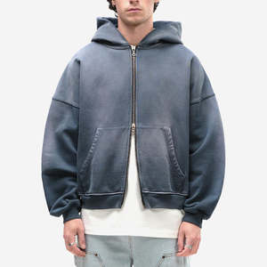 Sweat à capuche personnalisé 100% coton avec fermeture éclair, vintage, lavé, 500 g/m², délavé à l'acide, ourlet court, sweat à capuche vierge pour homme - Product Image 1