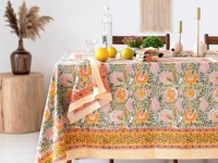Brûlé Orange Olive Vert Floral Indien Main Bloc Imprimé Rectangle Nappe Coton Table Couverture Pendaison De Crémaillère Français Nappe
