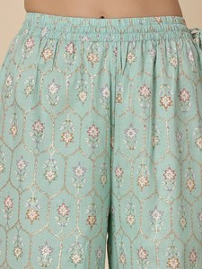 Kurta Palazzos de Verano de Manga Larga, Elegante, de Algodón Puro, con Estampado Floral Verde Mar, Estilo Moderno y de Excelente Calidad - Product Image 5