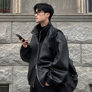 Veste imperméable américaine décontractée tendance en cuir véritable pour hommes, hiver, couleur unie, col montant, style de rue. - Product Image 5