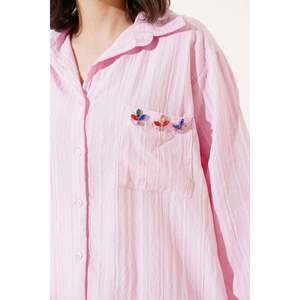 Pinstripe Pocket Stoned Pink Shirt Breathable Woven Daily <b>Top</b> XL-Casual Formal Fashion for Office <b>Summer</b> Spring Autumn Button - Product Image 3