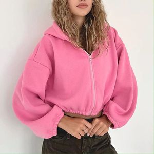 Sudadera con capucha de manga larga de gran tamaño para mujer con cremallera chaqueta informal recortada para otoño-Material de algodón con cintura elástica - Product Image 1