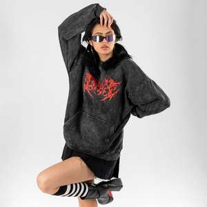 Sudadera con Capucha de Felpa Lavada al Ácido para Hombre, Talla Grande, Estilo Hip Hop Desgastado, Decolorada por el Sol, Corta, Informal, Holgada, con Relieve - Product Image 5