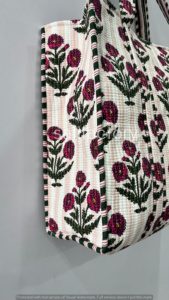 Bolso de mano grande reversible con estampado a mano de algodón acolchado a rayas florales, estilo bohemio ecológico, abierto, resistente, para compras de comestibles - Product Image 3